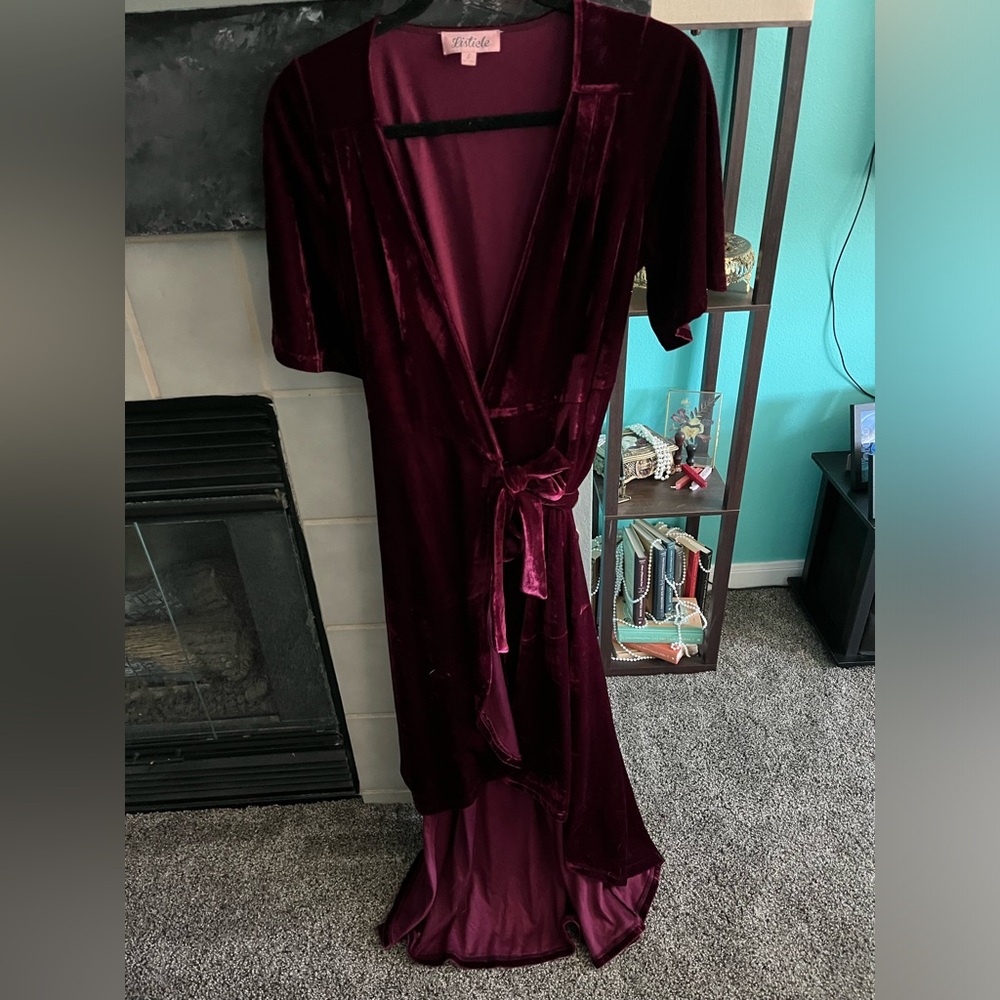 Long red velvet wrap dress